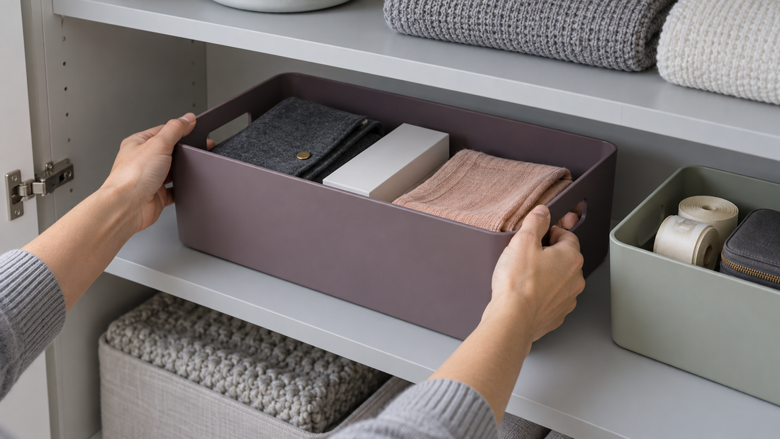 Hands gripping the side handles of a plum storage bin on a gray shelf, with clearance beside a neighboring sage container.