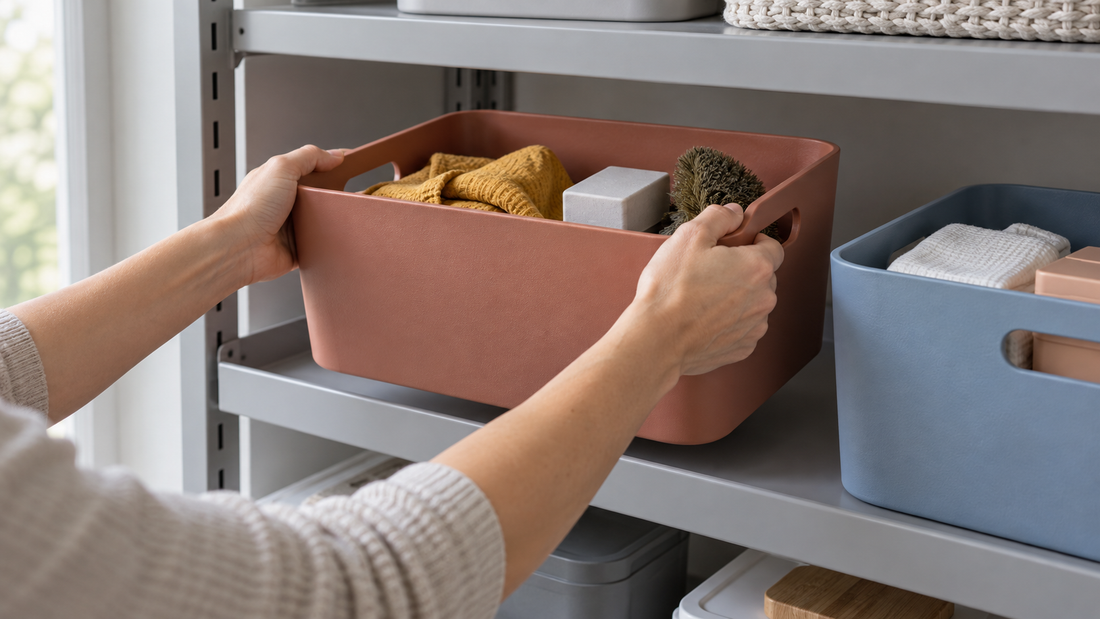 Hands lifting a terracotta storage bin from a gray shelf with overhead clearance and space beside a neighboring blue bin.