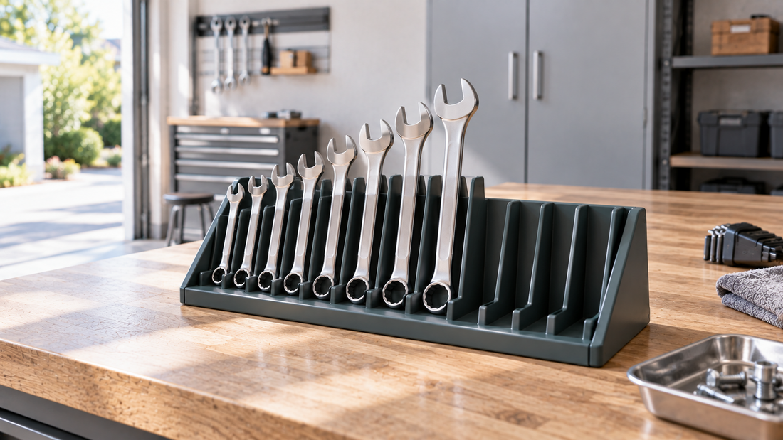 Combination wrenches arranged from smallest to largest in individual slots on a freestanding organizer without stacking.