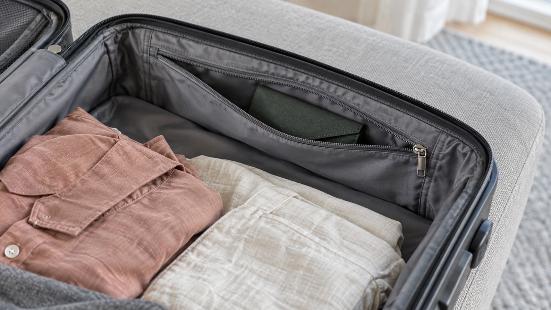 Folded clothing leaves room to access an open interior zippered pocket in a gray suitcase.