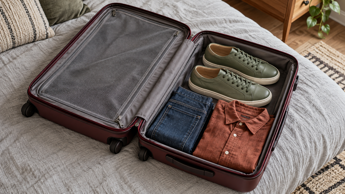 Sage-green sneakers lie side by side in an open burgundy suitcase, with folded jeans and a shirt arranged in the remaining floor space.
