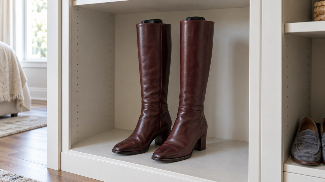 Oxblood leather tall boots stand upright with separate shaft supports and clear space beneath the wardrobe shelf above.