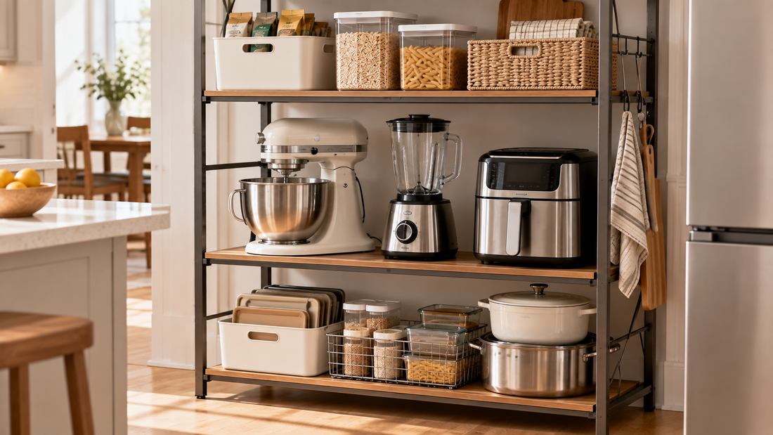 Tall kitchen appliances arranged on adjustable shelving with smaller kitchen supplies organized in the remaining vertical space above and below.