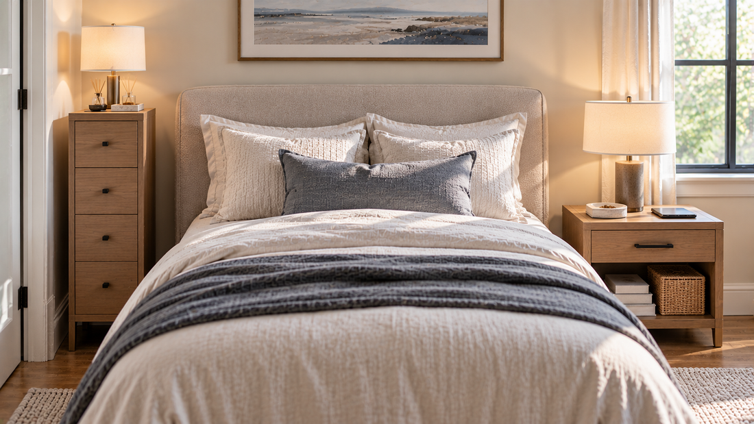 Tall narrow bedside cabinet and low nightstand beside a bed, comparing vertical storage capacity with lower, easy-to-reach bedside storage.