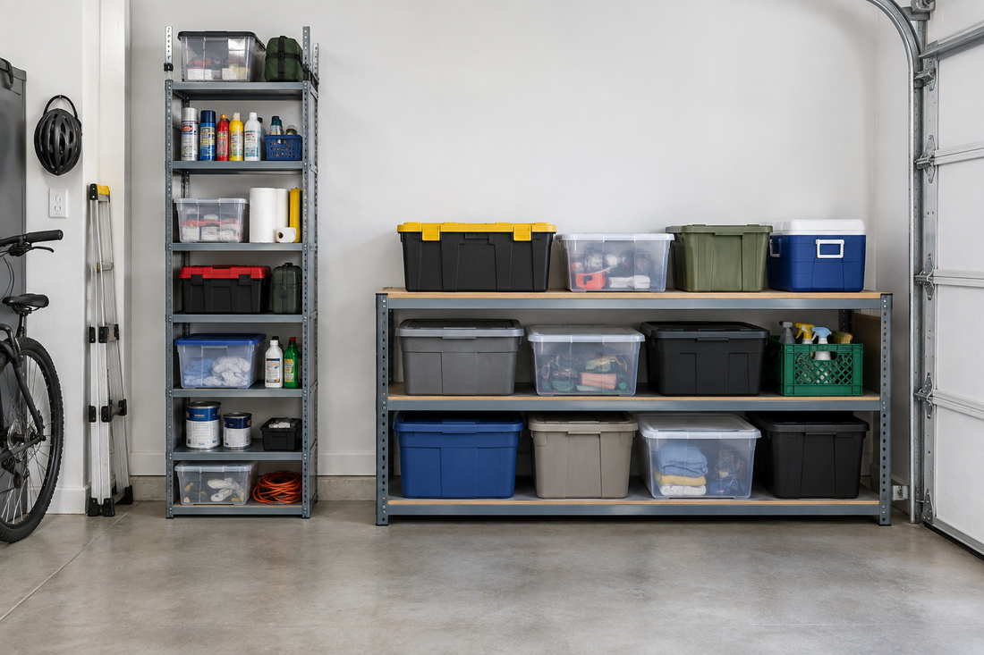 Tall narrow metal shelving unit with stacked containers on the left beside a wide low shelving unit with bins spread across a broader surface on the right