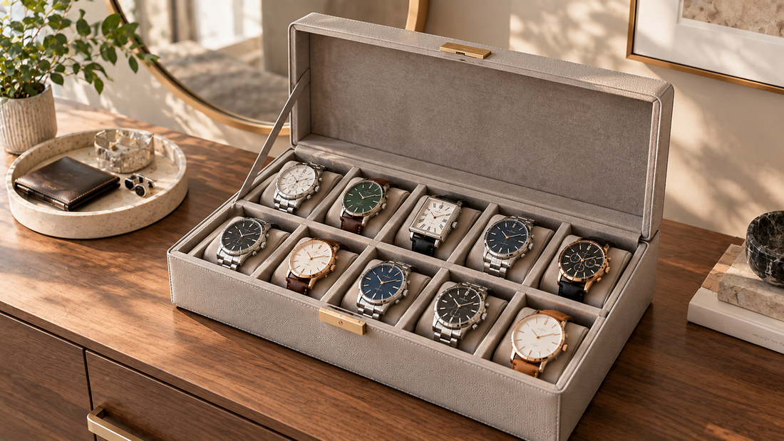 Taupe watch organizer with individual padded compartments keeping each watch separated in its own defined storage space.