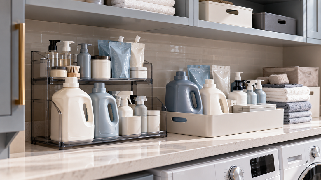 Tiered laundry organizer elevating smaller care products beside single-level storage holding larger detergent bottles and mixed-size laundry supplies.