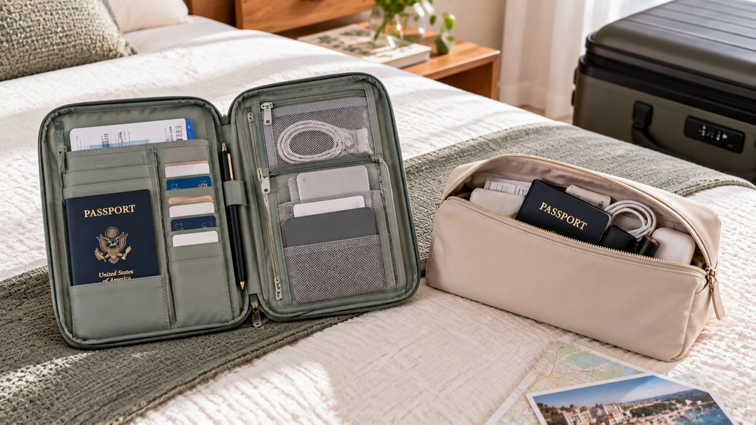 Travel document organizer with dedicated passport and card compartments beside a simple zipper pouch holding mixed travel essentials.