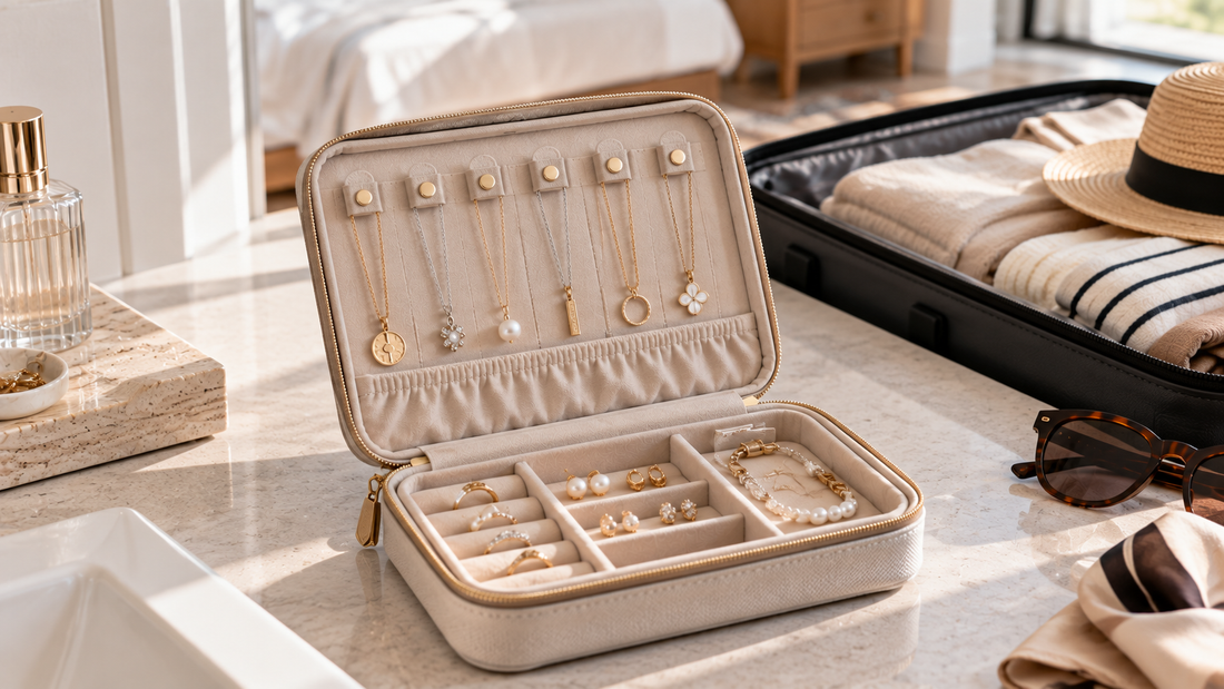 Structured travel necklace organizer with individually secured chains, protected pendants, and divided compartments for delicate jewelry.