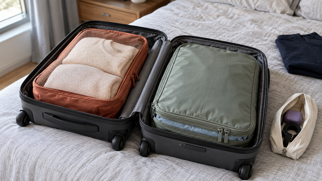 Open charcoal carry-on with terracotta and sage packing cubes, alongside a slim ivory accessory pouch on a bed.