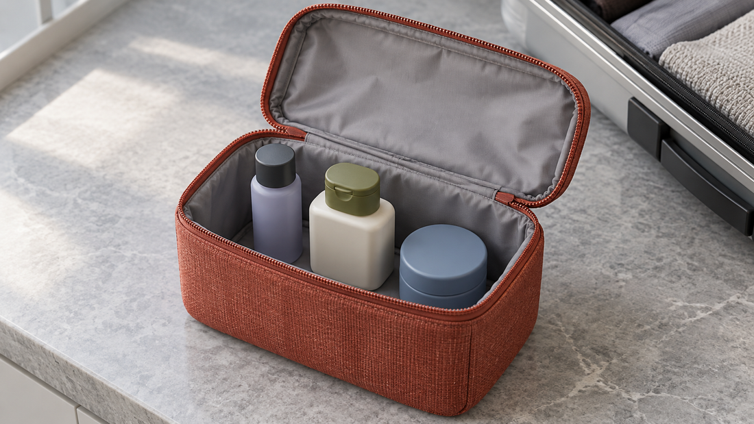 Upright bottles and a low cosmetic jar sit inside an open terracotta toiletry bag with space around the containers.