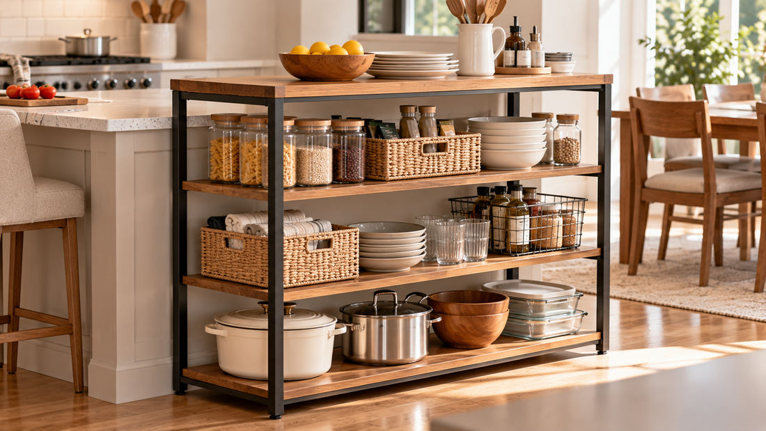 Open kitchen shelving positioned between work areas with frequently used supplies accessible from both sides.