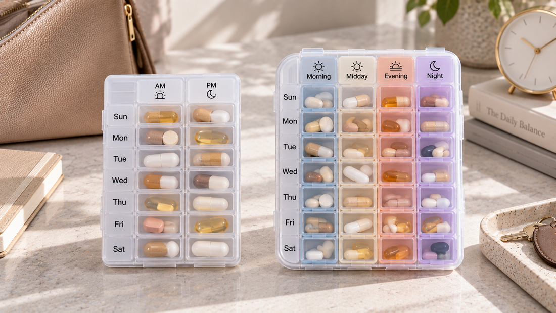 Two-times-a-day pill organizer beside a multi-dose weekly organizer, comparing two daily compartments with four separate dose periods.