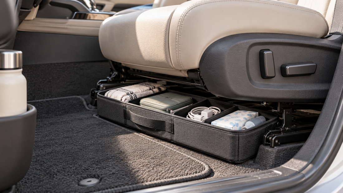 Low-profile car organizer storing compact essentials beneath a front seat while keeping seat rails and adjustment areas clear.