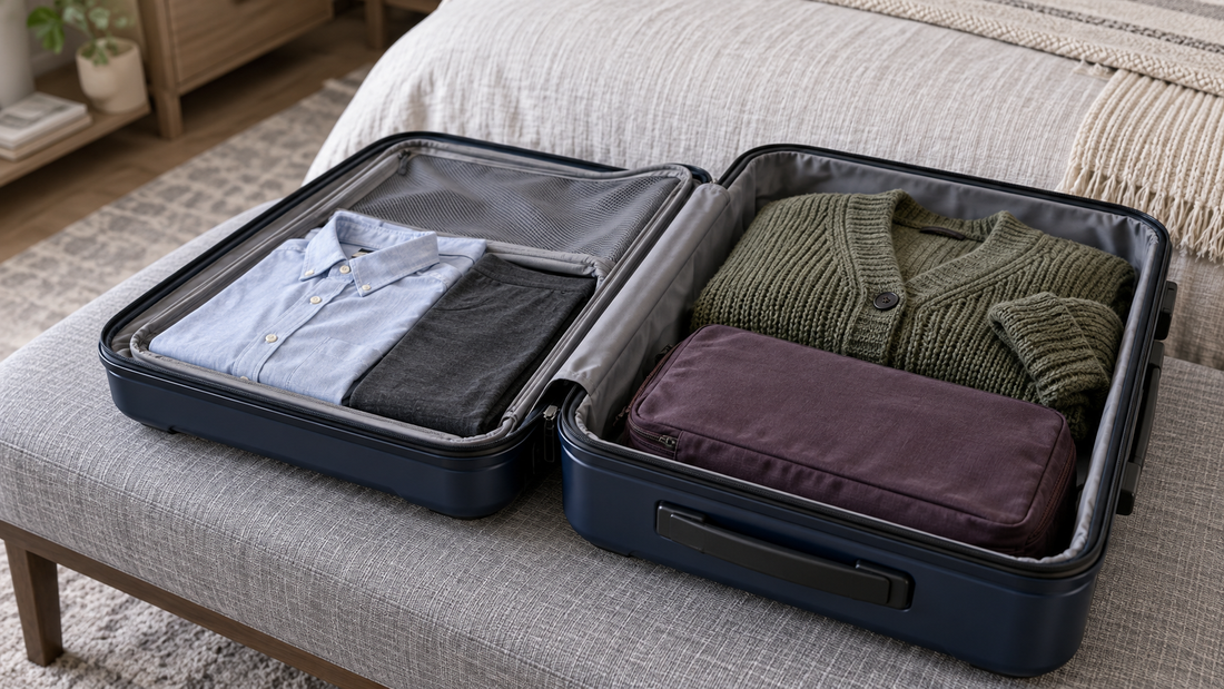An open navy suitcase holds thin garments in its shallower side and a chunky cardigan with a plum pouch in its deeper side.