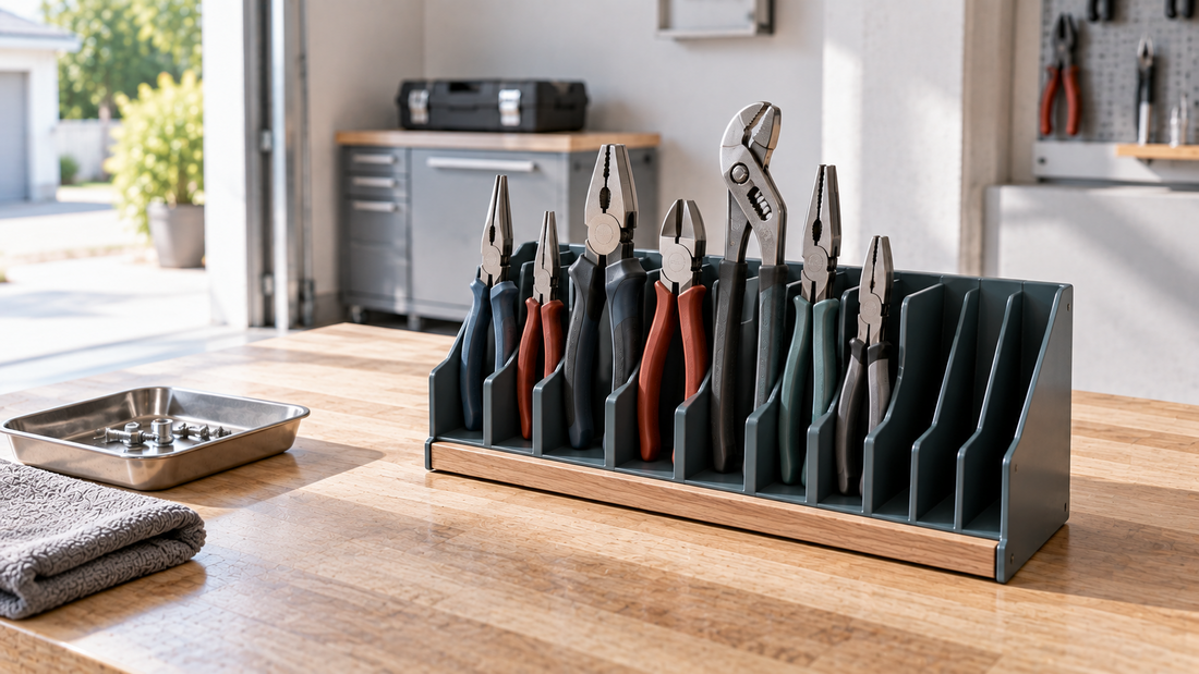 Pliers and hand tools stored upright in individual slots of a compact organizer, with empty positions left for easy access and return.