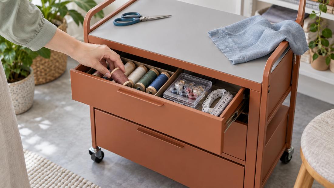 A person retrieves thread from a two-drawer utility trolley with sewing supplies organized below a clear upper work surface.