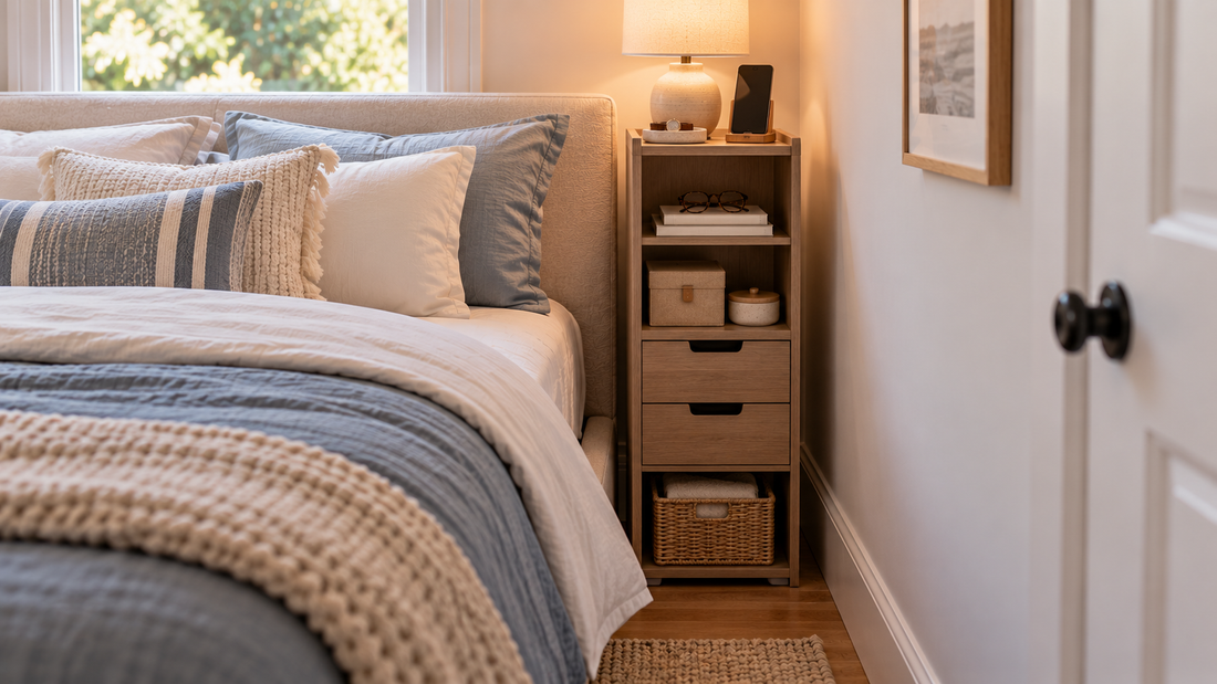 Tall narrow bedside storage furniture with multiple shelves and drawers using vertical space beside a bed while keeping the floor footprint compact.