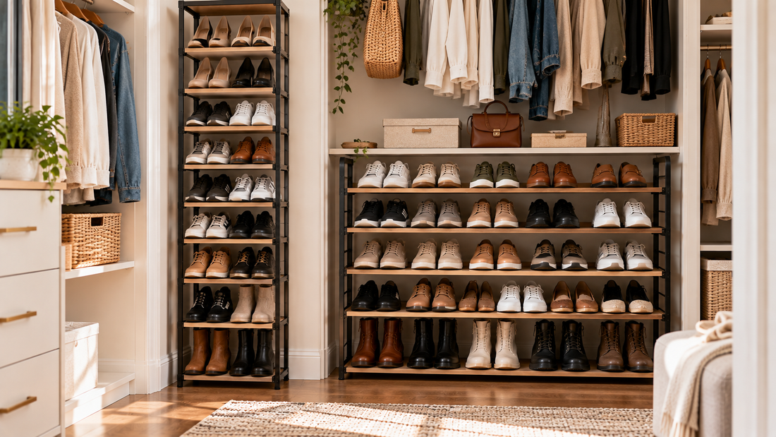 Tall vertical shoe organizer and wide multi-tier shoe rack in a spacious closet, comparing compact vertical storage with side-by-side access for a large shoe collection.