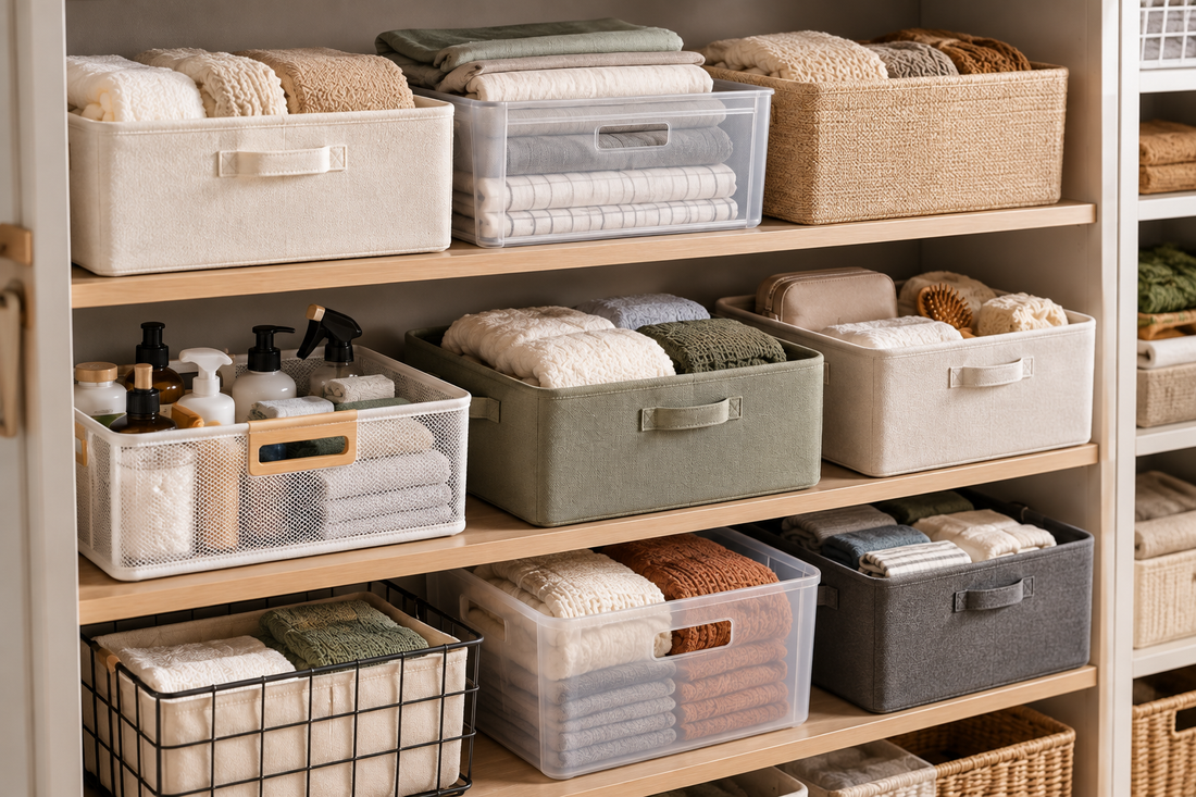 Mixed open, mesh, and translucent storage bins arranged on shelves so household contents can be identified without opening every container.