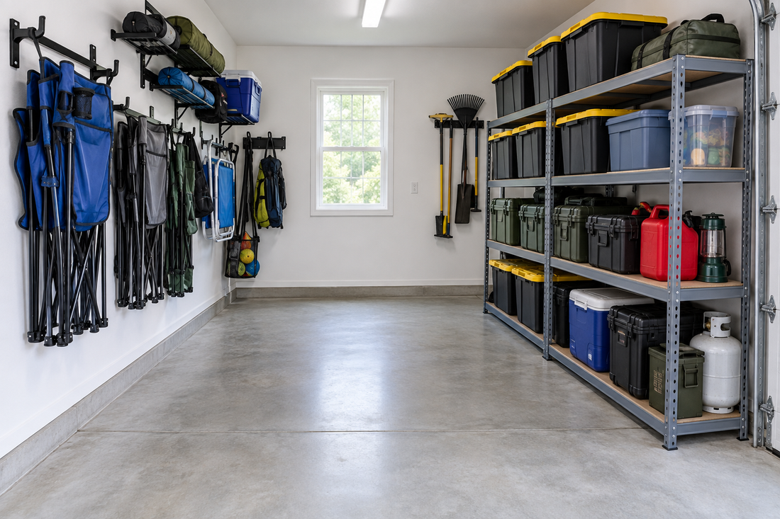 Wall-mounted hooks holding folding chairs and lightweight gear on the left beside a freestanding metal shelving unit with heavy bins on lower shelves on the right