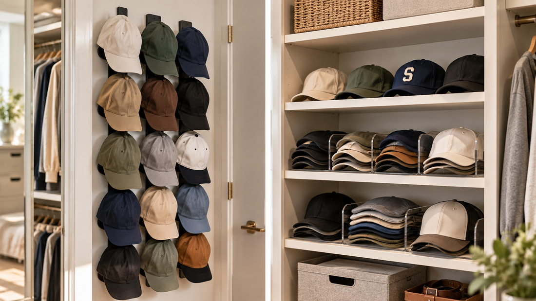 Large baseball cap collection comparing wall-mounted individual hat storage with caps arranged on closet shelves.