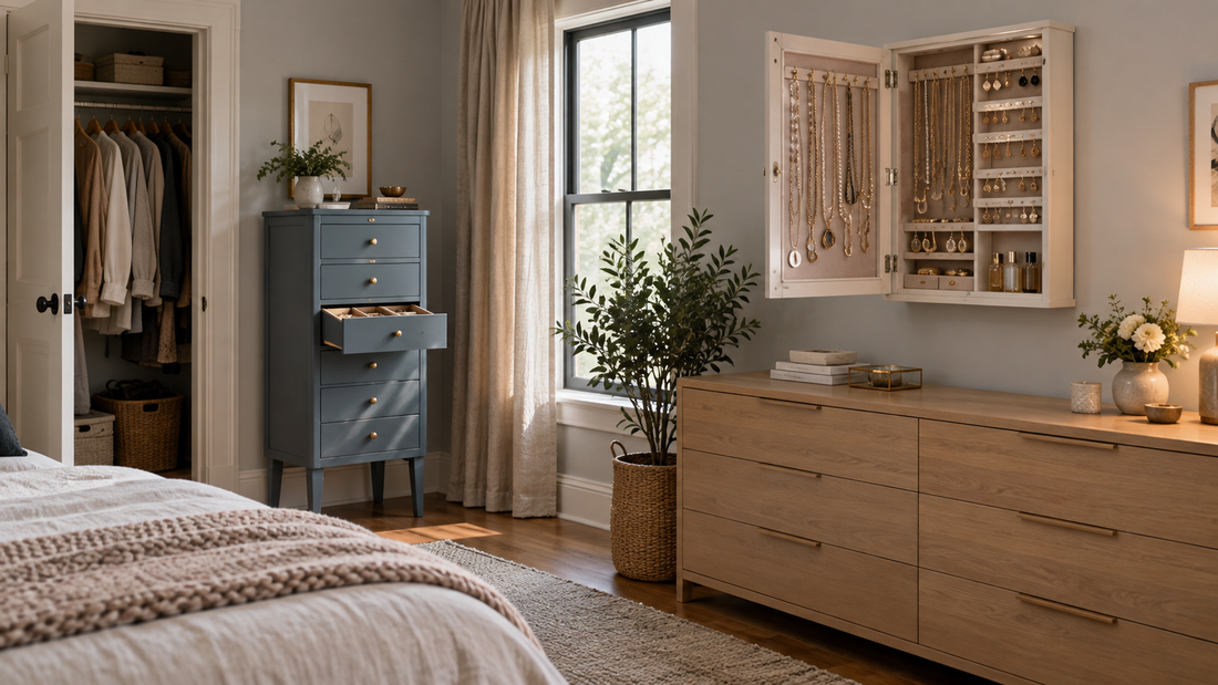 Wall-mounted jewelry armoire above a dresser and freestanding jewelry cabinet beside a bedroom closet