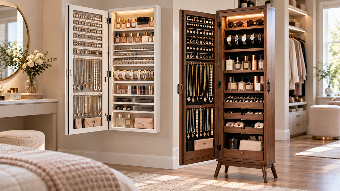 Wall-mounted and freestanding jewelry armoires shown together in one dressing space, comparing floor-saving installation with full-height freestanding storage.