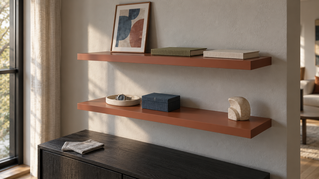 Terracotta floating shelves display framed art and albums while keeping a watch dish and storage box within easy reach.