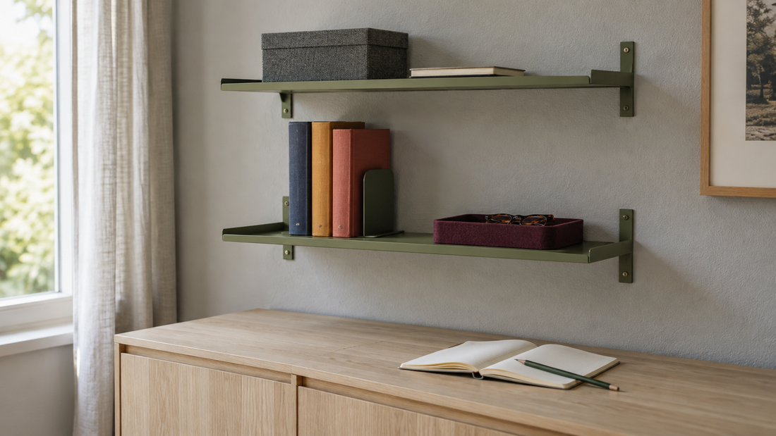 Green wall shelves hold books, reading glasses, and a storage box above a mostly clear light wood cabinet.