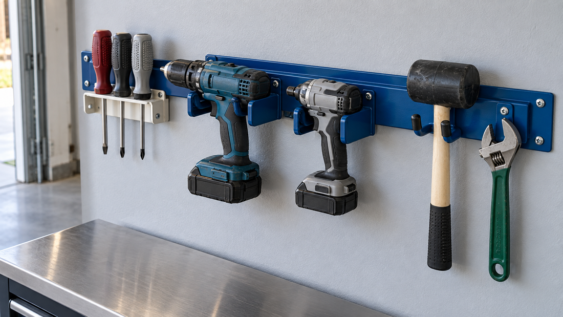 Blue wall-mounted tool rail with separate holders for cordless tools, screwdrivers, a rubber mallet, and an adjustable wrench above a garage workbench.