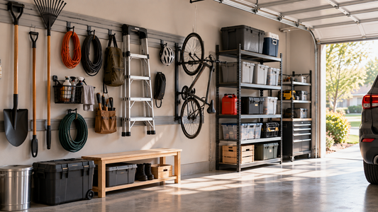 Organized garage combining wall-mounted storage and freestanding shelving while preserving open floor space for everyday use.