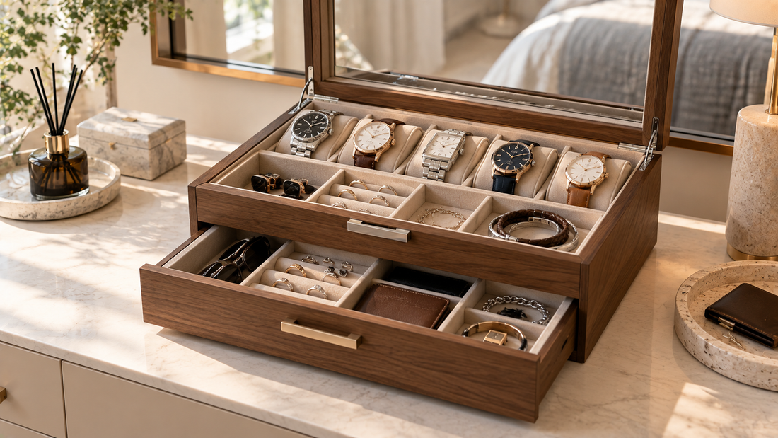 Watch box with dedicated compartments for watches, rings, cufflinks, bracelets, and everyday accessories organized together in one storage box.