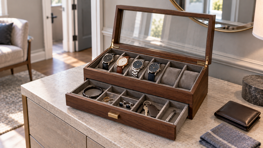 Walnut watch box with dedicated watch compartments and a pull-out drawer for rings, bracelet, cufflinks, keys, and everyday accessories
