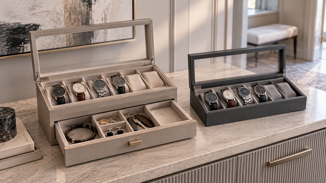 Watch box with an accessory valet drawer compared with a watch-only box for organizing watches and everyday accessories.