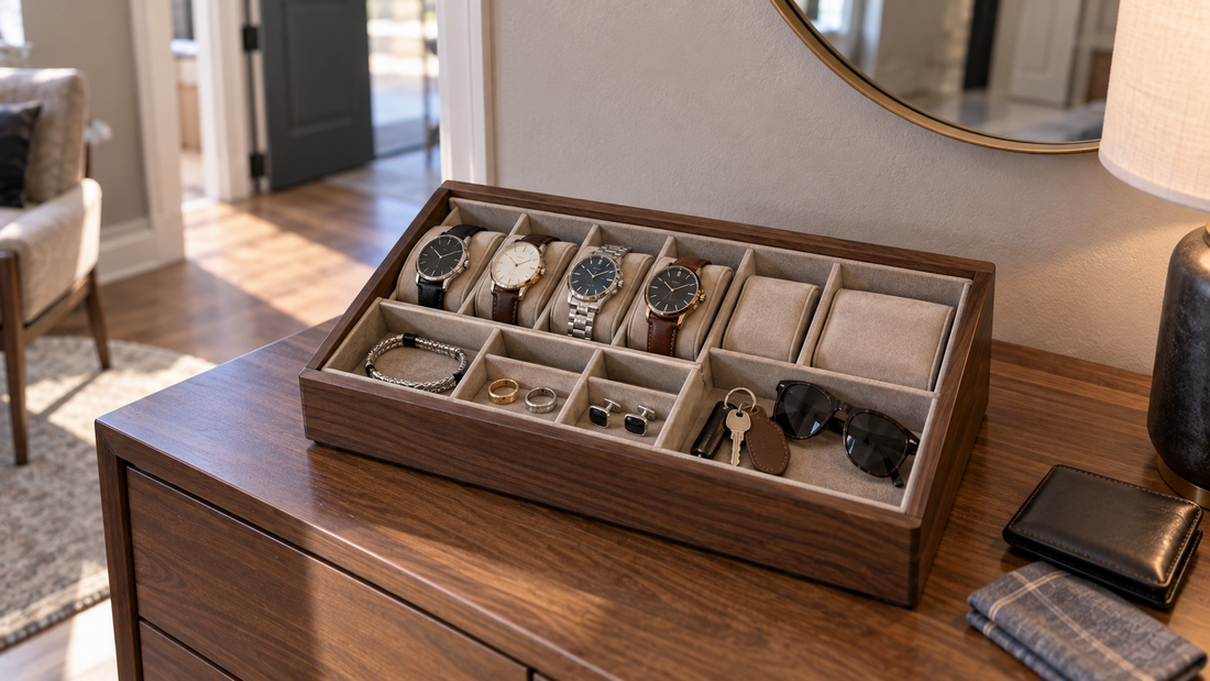 Watch and accessory organizer with separate compartments for watches, rings, bracelet, cufflinks, keys, and sunglasses.