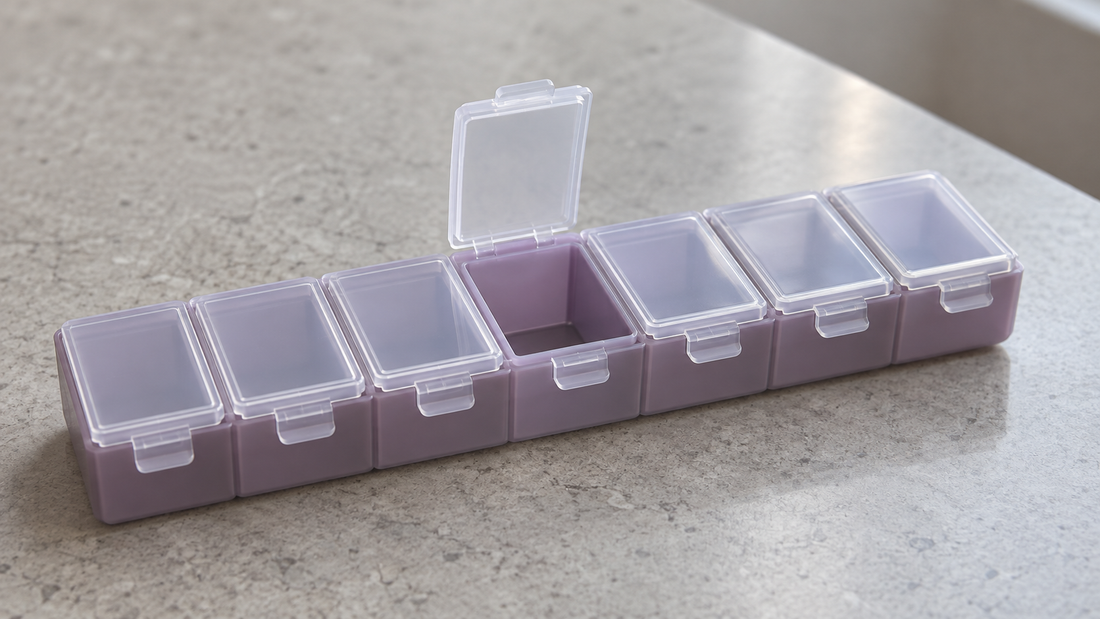 A muted plum weekly pill organizer has one center lid open, showing separate lift tabs and six closed neighboring compartments.