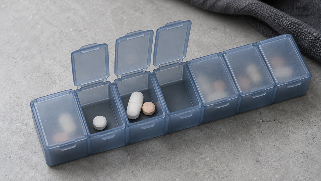 A smoky-blue weekly pill organizer shows intact tablets resting below the rims of open compartments, leaving space for lid closure.