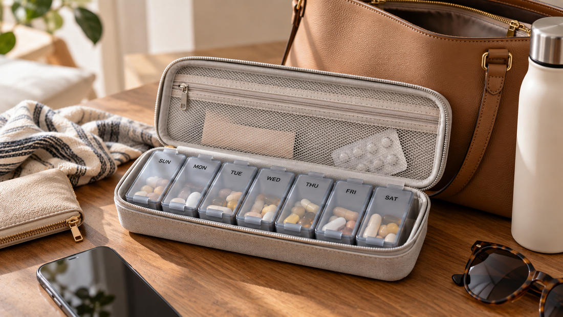 Weekly pill organizer secured inside a zippered outer case to keep individual daily compartments contained while carried in a travel bag.