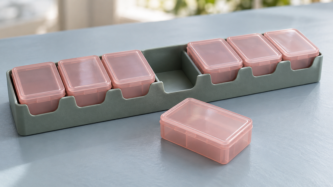 A pink daily pill case rests beside a sage-gray weekly holder, revealing an empty center slot and front grip cutouts.