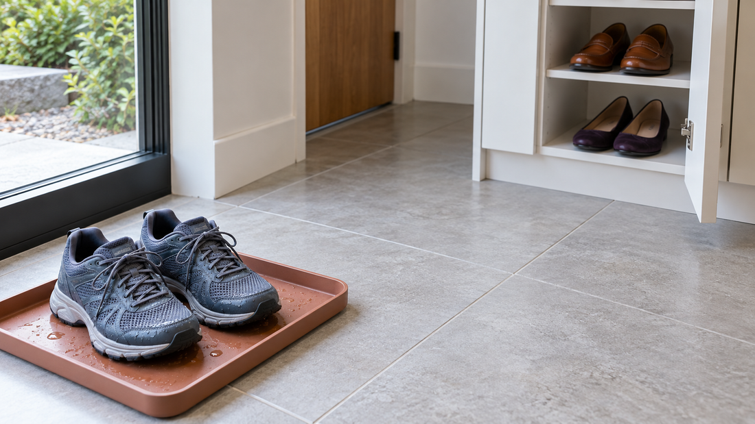 Damp walking shoes sit on a terracotta drip tray, separated by clear floor space from dry footwear in a white cabinet.