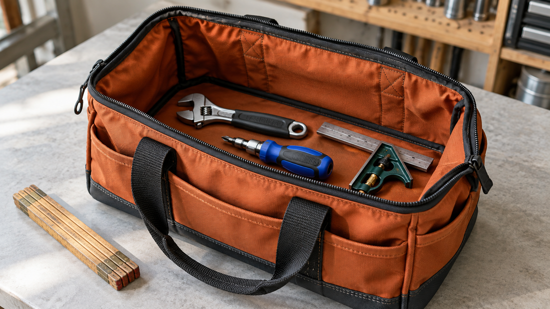 An orange tool bag has a wide open main compartment with a wrench, screwdriver, and combination square arranged below the rim.