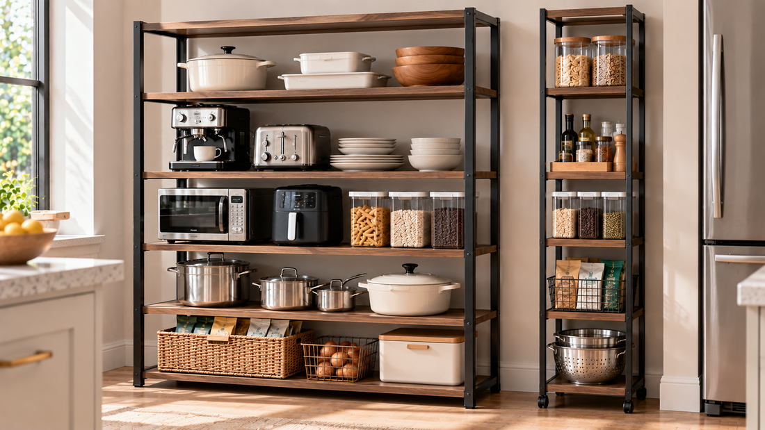 Wide kitchen storage rack holding cookware and appliances beside a narrow rack organizing pantry supplies in a compact kitchen space.