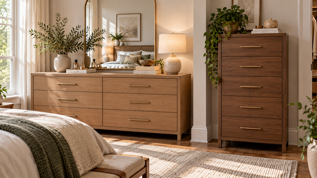 Wide dresser and tall dresser shown together in a bedroom, comparing horizontal drawer storage with vertical storage in a smaller floor footprint.