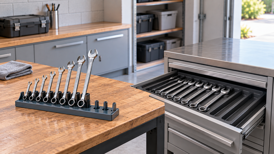Wrenches arranged by size in a freestanding rack beside an open toolbox drawer with individual wrench organizer slots.