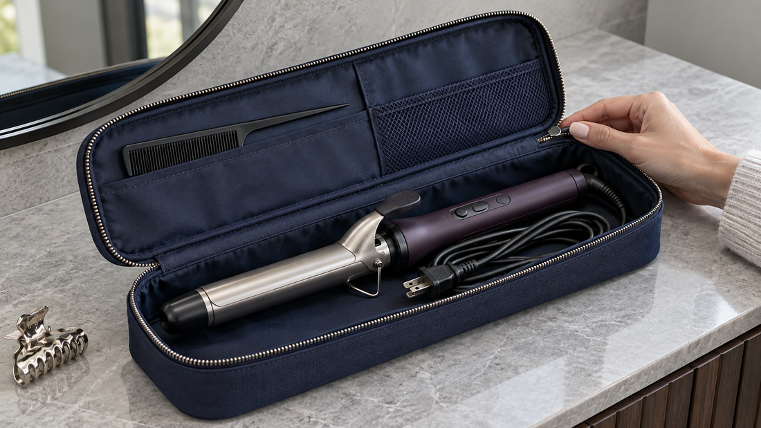 A cooled, unplugged curling iron rests inside an open navy organizer with its handle and cord clear of the zipper path.