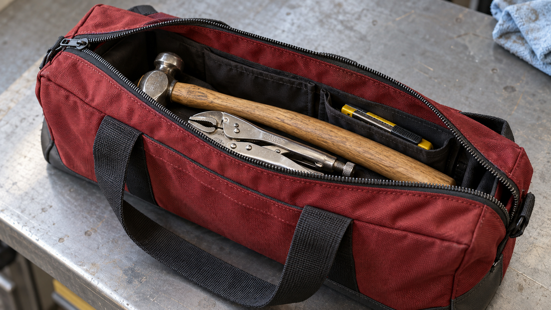A hammer, locking pliers, and utility knife sit inside a red tool bag without extending across the zipper path.