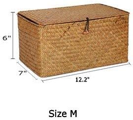 DOKOT Rectangular Handwoven Seagrass Storage Basket with Lid for Shelves and Home Organizer Bin, (M (12"x7"x6"H), Brown)