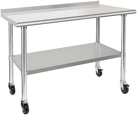 HARDURA Stainless Steel Table 24 x 48 Inches with Wheels Casters NSF Heavy Duty Commercial Prep Table with 2” Backsplash and Adjustable Undershelf for Restaurant Kitchen Home and Hotel