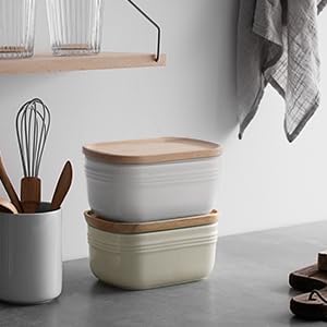 DOWAN Ceramic Butter Dish, Extra Large Butter Keeper for Countertop or Fridge, Airtight Butter Container with Wooden Lid, Farmhouse Kitchen Decor and Accessories, Freezer Safe, Soft White